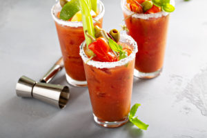 Bloody mary cocktails with garnishes for brunch