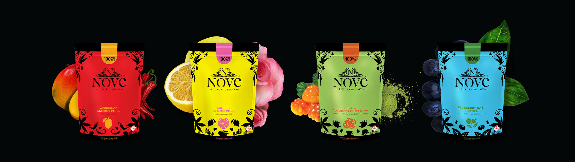 Four flavors of Nové Luxury Cannabis Gummies on a black background, pictured with their associated ingredients.