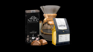 Nové Café Cappuccino chocolates pair perfectly with a Chemex pour over and Corvus Coffee beans. All items are pictured in this shot.